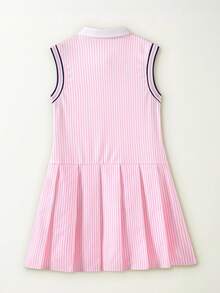 SHEIN Casuvi Kids 少女条纹polo领连衣裙，可爱小熊刺绣，休闲无袖夏季连衣裙，适合上学、户外活动、旅行和日常穿着。 - 粉色 - 查看 2
