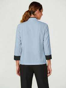 TaskEZ 女士撞色纽扣领长袖工作服厨师外套，七分袖/四分袖 - 藍色 - 查看 2