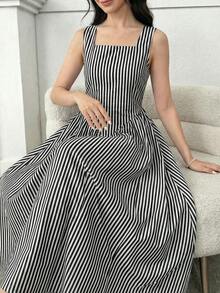 SHEIN Đầm dài ngang gối thanh lịch, cổ vuông, không tay, kẻ sọc xanh trắng, kiểu dáng dành cho thiếu nữ đi nghỉ mát. - màu đen - Xem 2
