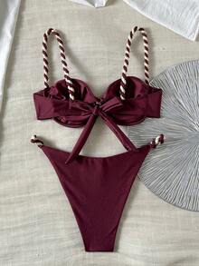 Swim Chiccia 女士棕色编织肩带钢圈性感比基尼泳衣，适合海滩度假，夏季泳装比基尼套装，两件套，冬季波西米亚风假日聚拢泳衣，女士比基尼套装泳装 - 酒紅色 - 查看 2