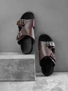 SHUZIA Sandalias de hombre casuales y cómodas con una sola tira y hebillas ajustables - Marrón Chocolate - Ver 5