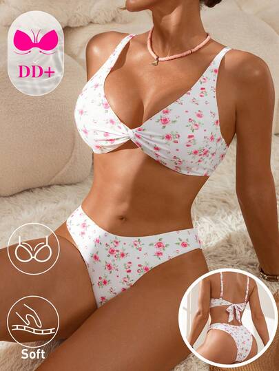 Voyashape Set bikini cu legături răsucite florale primăvară/vară 2026, 2 buc, la modă, slăbire, drăguț, elegant, sexy, casual, stil rock Y2K, pentru plajă, petrecere pe plajă, volei pe plajă, festivaluri de muzică, întâlniri pe plajă, club de noapte, stil boho