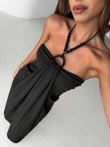 Aloruh 女士纯色简约日常穿着吊带长裙 - 黑色 - 查看 3