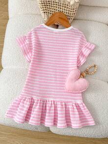 Cozy Pixies 女婴爱心条纹图案圆领短袖连衣裙 - 粉色 - 查看 2