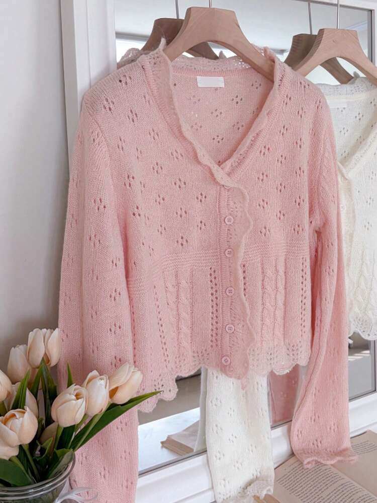 Women's Solid Color Hollow Out Knitted Cardigan With Front Button
