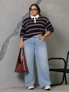MOD Plus Size Enfärgad Patch-ficka Casual Mångsidig Lösa Breda Ben Baggy Jeans, Low Rise Baggy Jeans, Y2k Jeans, Julbyxor - Mediumtvätt - Visa 3