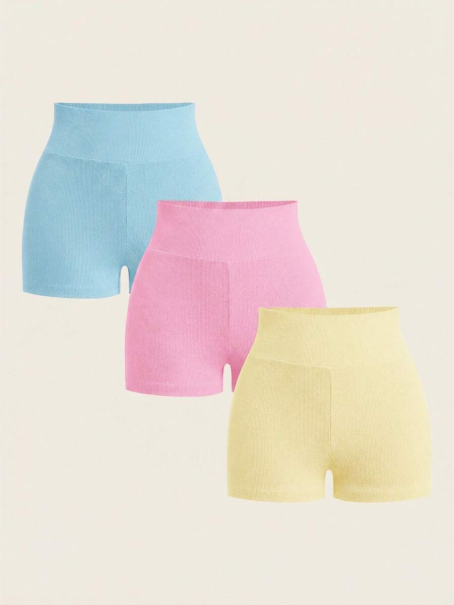 SHEIN BASICS 3件裝女款休閒素色針織緊身短褲 夏季女裝套裝 - 彩色 - 查看 1