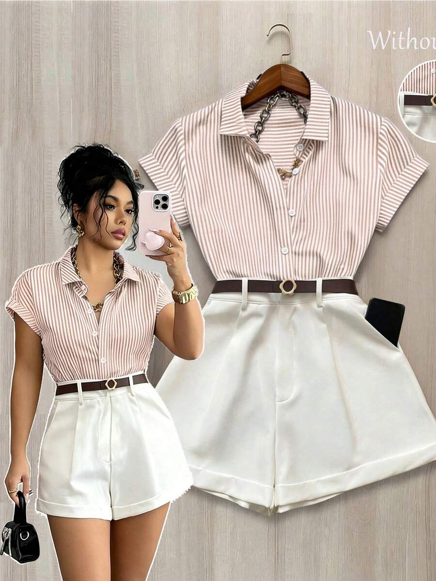 Franclia Bộ đồ nữ 2 mảnh phối màu tương phản, kẻ sọc, cổ ve áo xếp ly, tay ngắn. - Màu Khaki - Xem 1
