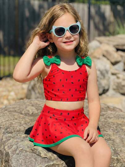 SHEIN Young Girl Summer Holiday Beach Bow Decor Watermelon Print Ruffled Hem Two Pieces Swimsuit