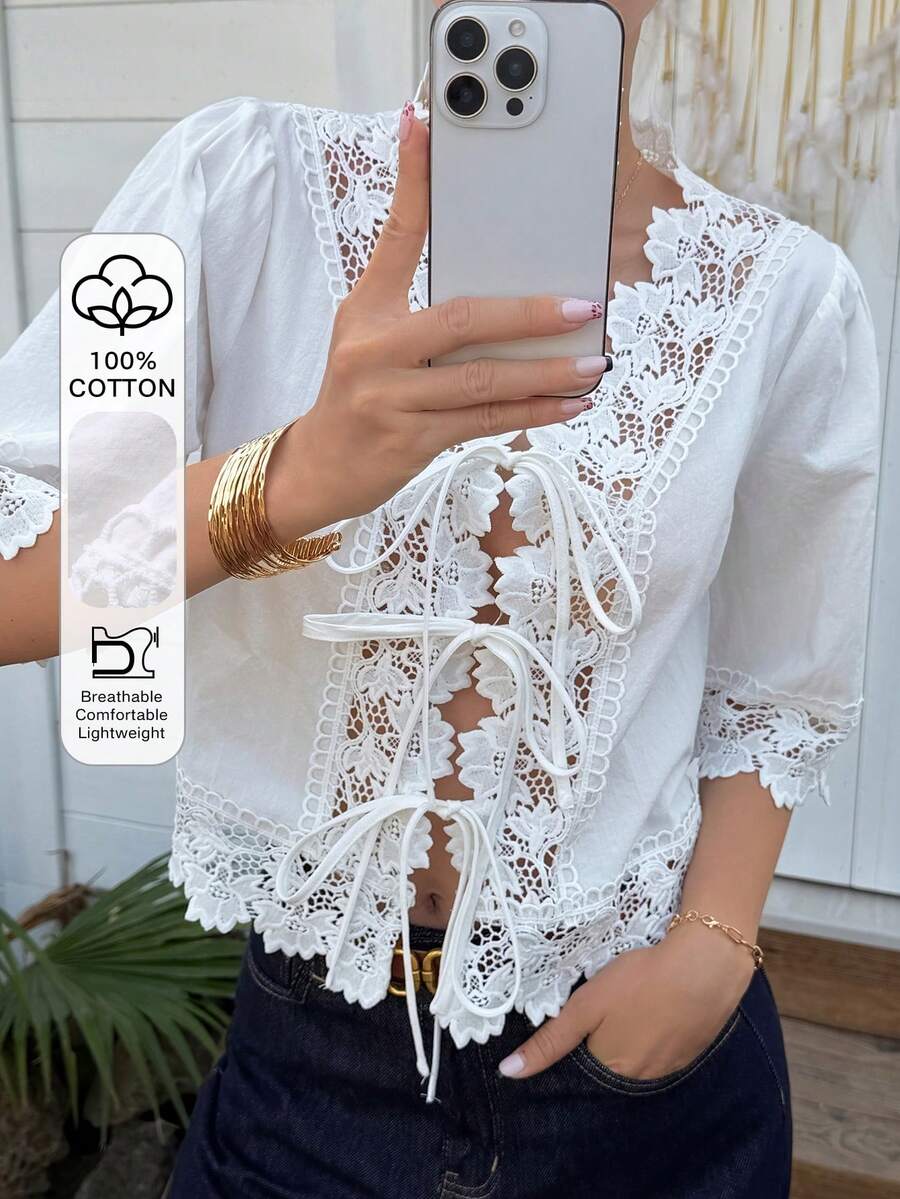 DAZY 女士蕾丝拼接系带短袖优雅夏季衬衫 - 白色 - 查看 1