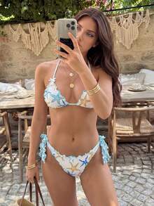 Sunnyshic 2pcs Women Summer Strappy Bikini Set, Starfish Decor, Halter Triangle Swimsuit, Leisure Vacation - Multicolor - View 2