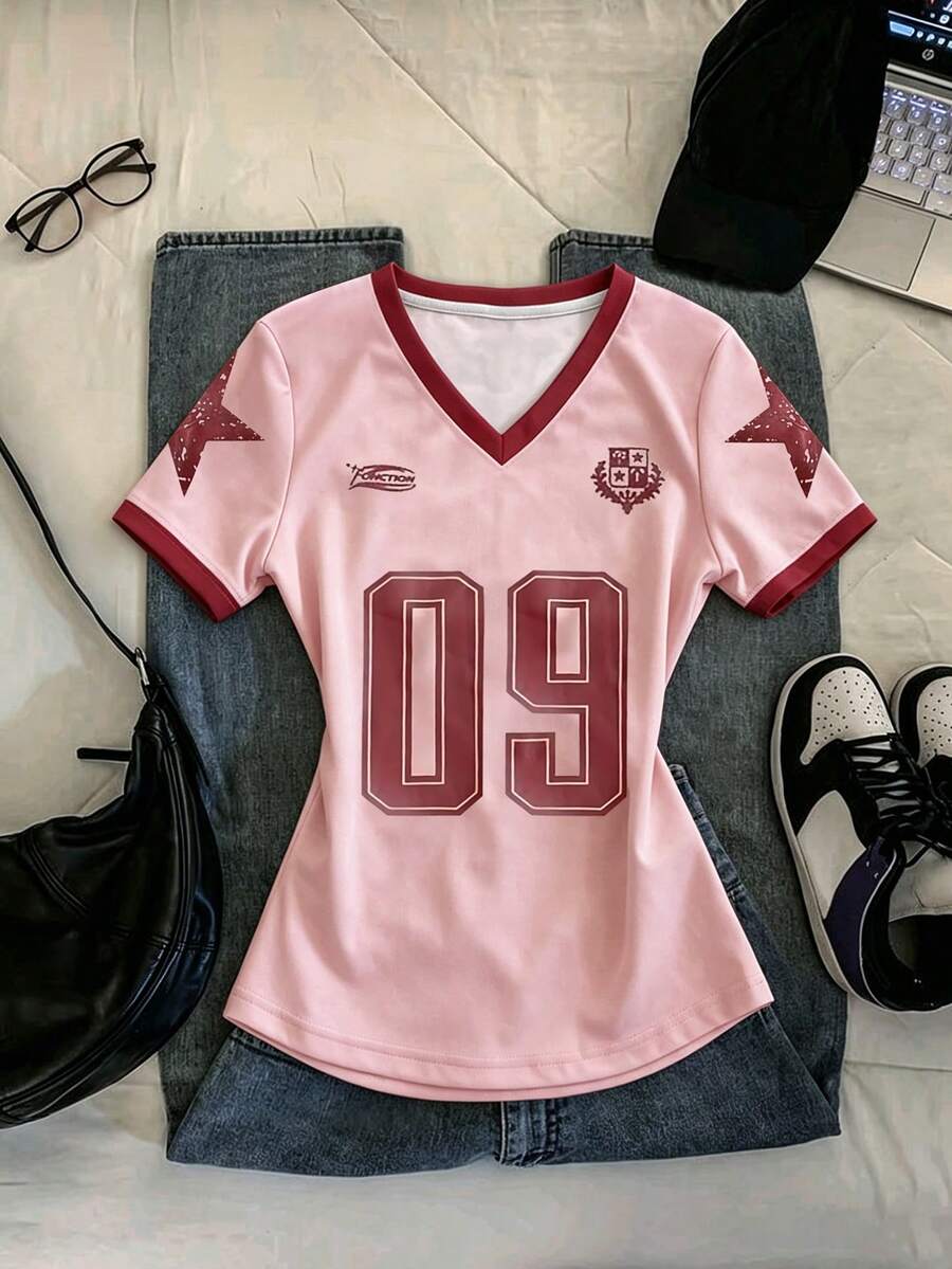 IslaSuriya 女士休闲数字印花V领修身短袖T恤 女士服装 粉色衬衫 女装 V领上衣 图案T恤 针织衫