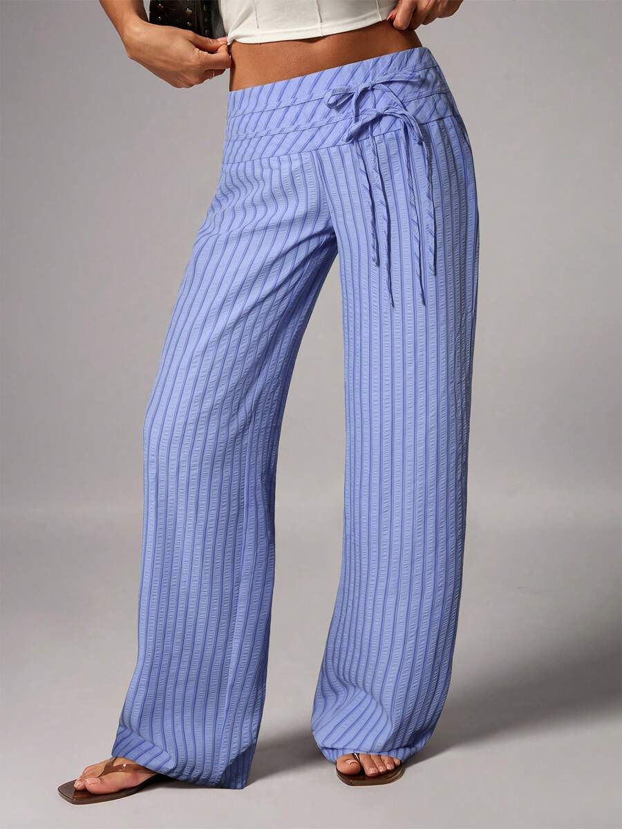 Avenya 女士休闲条纹印花扭结前片直筒裤，适合度假和日常通勤 - 藍色 - 查看 1