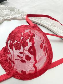 2 piezas Conjunto de lencería con cordones y bordados en azul cielo para mujeres - Rojo - Ver 5