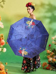 Frida Kahlo X SHEIN 1把印花图案雨伞，UPF 50+ 防紫外线，适合学校、工作、户外活动和日常使用，专为大学生、高中生、男女设计，墨西哥风格，热带花卉、蝴蝶、弗里达·卡罗、复古艺术，展现女性力量。 - 灰藍色 - 查看 1