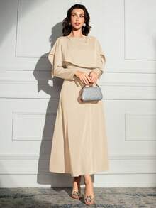 Modelyn Women Long Sleeve Solid Color Long Dress, Simple Fashion Casual Everyday Wear Long Evening Dresses Beige Dress For Women Modest Dress - Yellow - View 5