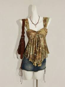 SHEIN ICON 复古印花不对称下摆网眼饰边女式背心 - 黃色 - 查看 4