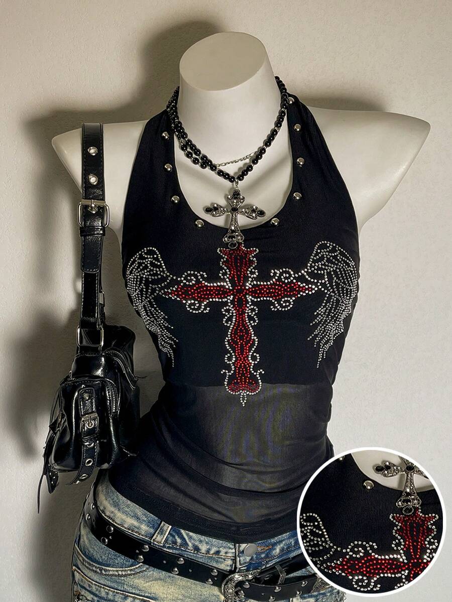 Attitoon 女士水钻十字架吊坠项链上衣 - 黑色 - 查看 1