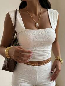 Livesso 2pcs/Set Women Lotus Leaf Texture Cropped Camisole And Shorts Pajama Set, Summer - White - View 4