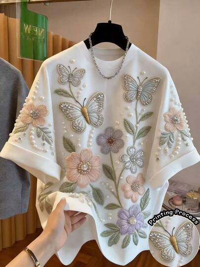 Resyla Camiseta de manga corta con estampado de mariposas y flores para tallas grandes de verano
