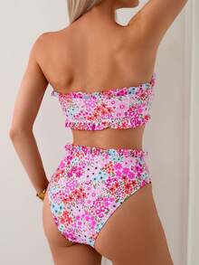 Swim Mod Conjunto de 2 piezas con parte superior con volantes tipo bandeau y traje de baño de flores diminutas, mejor vendido para primavera/verano - Multicolor - Ver 3