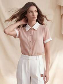 女士优雅粉色雪纺褶皱白色领宽松短袖衬衫 - 粉色 - 查看 5