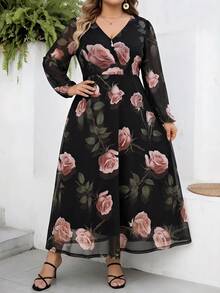 SHEIN CURVE+ Plus Size Floral Print Long Sleeve Vacation Dress - Multicolor - View 6