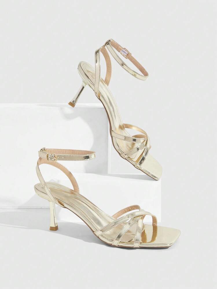 CUCCOO SZL Sexy New Summer Gold Criss-Cross Strap Fashionable Charming Sexy Women's High Heel Sandals, Slim Strap Square Toe Stiletto Heels Open Toe Sandals Spring Shoes