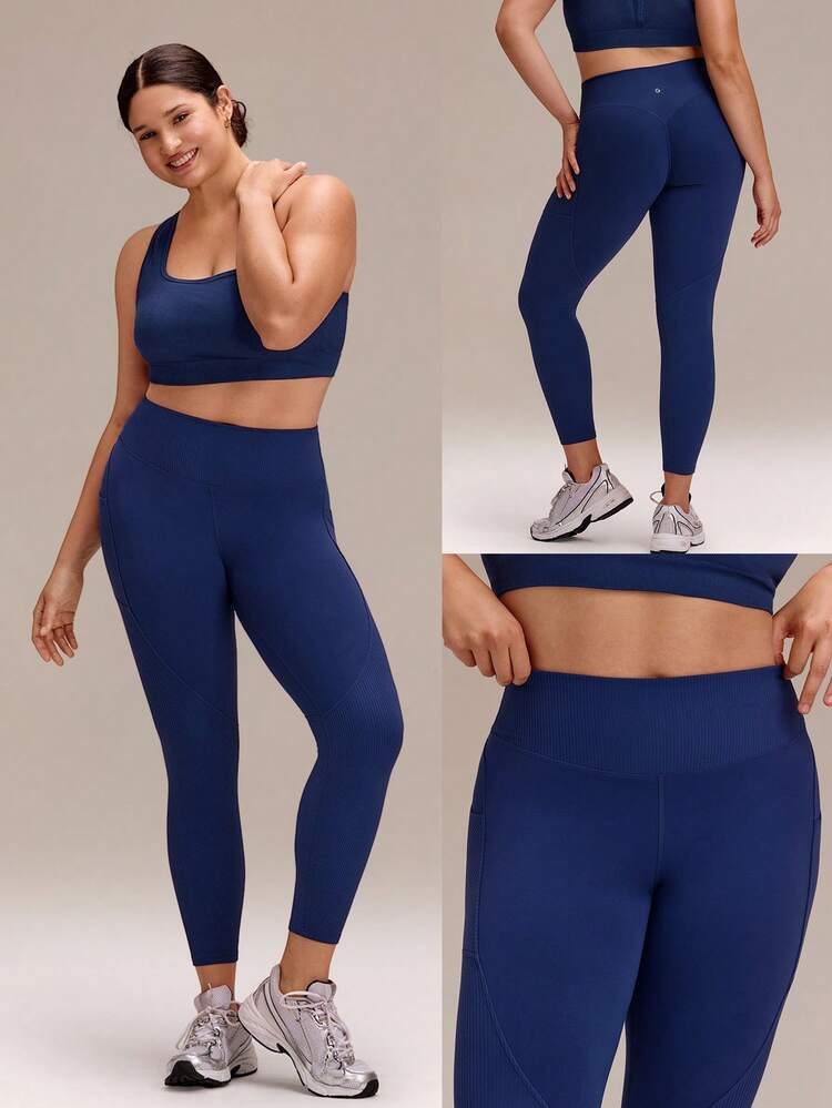 Plus Size 24" FeatherFit™ Sail On Buttery-Soft Sweat-Wicking Ribbed Panels Side Pockets Butt Lifting Leggings Yoga Pilates Studio Daily Active Wear