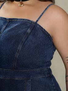 Bibi Tomais Plus Size Denim Jumpsuit, Casual Bib Slim Fit Mini Blue,Back To School - Dark Wash - View 6
