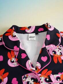THE POWERPUFF GIRLS X SHEIN 女士卡通印花单排扣休闲睡袍，适合日常穿着 - 黑色 - 查看 3