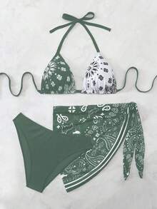 Swim Vcay Plus Size Women 3pcs Halter Backless Printed Bikini Set With Mesh Short Apron, Vacation Swimwear - Multicolor - View 6