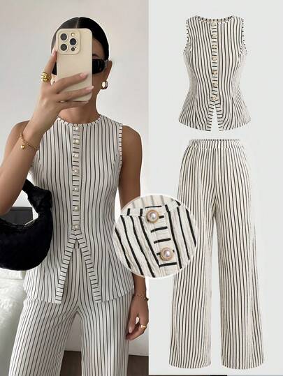 SHEIN Teen Girls' Casual Striped Knit Cardigan And Pants Set, Spring/Summer