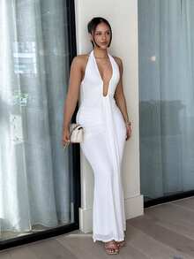 leahseptember Yellow Cream Sexy Deep V-Neck Maxi Elegant Halter Dress For Women, Spring/Summer,Dresses For Women Elegant White Backless Dress White Mermaid Dress White Formal Evening Gown,Valentine's Day,Valentine Outfits For Women Party - White - View 4