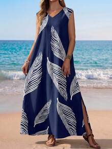 SHEIN LUNE 女士热带植物印花V领休闲无袖连衣裙 - 藍色 - 查看 5