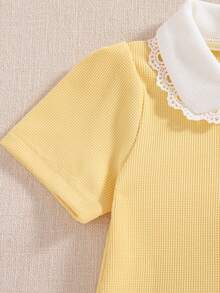 Souflis Souflis French New Summer 0-3 Years Old Baby Girl Yellow Waffle Polo Shirt With Lace Trim Collar And Embroidery, Outdoor Wear - Yellow - View 7
