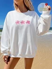 SHEIN EZwear 女士休闲简约印花圆领宽松轻薄夏季卫衣，适合度假、夏季、日常通勤、约会、派对、圣诞节、新年、感恩节、婚礼、海滩、毕业典礼、时尚、优雅、休闲、外出、约会、预订、通勤、闪亮、情人节、优雅、度假、休闲、Y2K、外出、毕业典礼等场合。 - 白色 - 查看 5