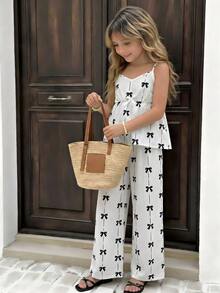2pcs Girls Plus Size Summer Sets, Quishy Bow Camisole Top And Loose Wide Leg Pants Outfit, Casual Holiday Clothes - Multicolor - View 8