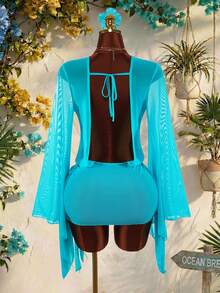 Amplova 女士长袖飘逸性感裹身罩衫，交叉前襟，不对称下摆，露背性感款式，喇叭袖，适合度假穿着 - 藍色 - 查看 7