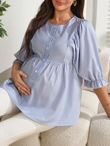 SHEIN 孕妇蓝白条纹衬衫，半开领，单排扣，宽松袖口和下摆设计，优雅百搭，适合春夏孕妇及哺乳期女性穿着。 - 藍色 - 查看 1