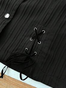 Sunspun Plus Size Casual Whimsical Turndown Collar Cinched Waist Shirt With Eyelets Date Night Black Summer - Black - View 3
