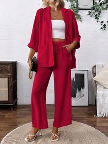 SHEIN Holidaya 女士春秋季休闲度假日常通勤纯色亚麻质感西装外套和阔腿裤套装 - 紅色 - 查看 1