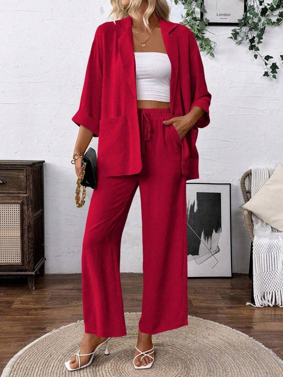 SHEIN Holidaya 女士春秋季休闲度假日常通勤纯色亚麻质感西装外套和阔腿裤套装 - 紅色 - 查看 1