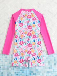 SHEIN Tween Girls One-Piece Swimsuit,White,Summer,Cute,Pool Party,Vacation,Holiday Tropical Floral Print Long Sleeve Sun Protection Zipper Design Jumpsuit - Multicolor - View 2