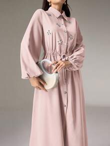 Modelyn 女士水钻装饰灯笼袖单排扣夹克和裤子两件套休闲套装 - 粉色 - 查看 4