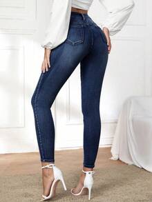 SHEIN Unity Plus Size Women Pockets Button Casual Versatile Daily Wear Denim Jeans Brown Spring - Dark Wash - View 3