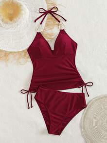 Swim Chiccia Áo tankini nữ màu đen kim loại, cổ chữ V, có dây rút, kiểu dáng thời trang và thanh lịch, thích hợp cho các lễ hội âm nhạc bãi biển, mùa xuân/hè. - Màu Đỏ Sâu - Xem 6
