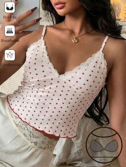 Livesso Sweet Heart Pattern Lace Patchwork Sleeveless Padded Camisole Top For Women