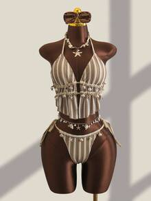 Bellisia Women's Boho Sexy Summer Beach Golf Holiday White Swimwear Set, Textured Jacquard Knit Fabric,Shell Trim,Spaghetti Strap Drawstring Bikini Outfit - Brown - View 5