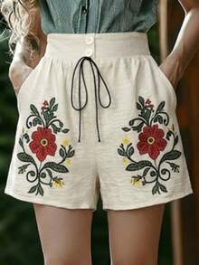 Balvessa Quần short nữ ống rộng thêu họa tiết cây cỏ tươi mát, cạp cao, có dây rút và túi, thích hợp mặc đi biển mùa hè, đi nghỉ mát, quần short thể thao nữ. - Nhiều màu - Xem 4